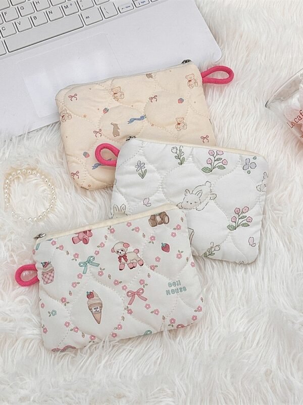 Cartoon Quilted Makeup Bag Mini Cosmetic Pouch Cute Padded Organizer Coin Purse Travel Storage Bag
